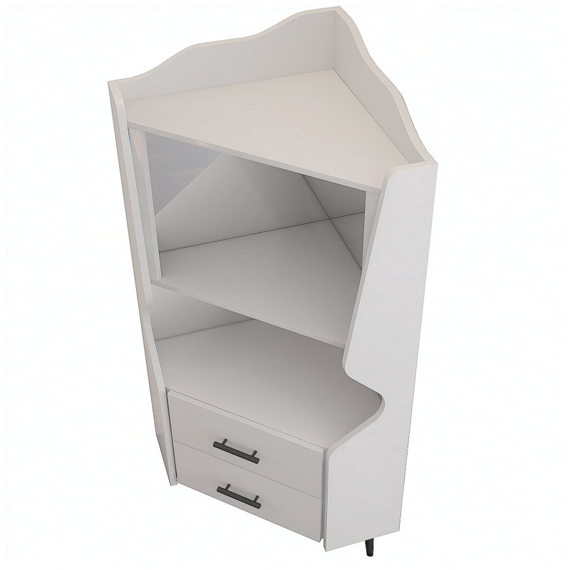 Wooden Corner Bar Cabinet with Open Shelves, Drawers, Mirrored Back, and High Legs for Easy Cleaning, White