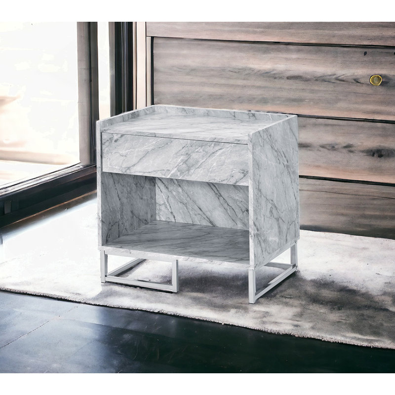 White Printed Faux Marble & Chrome Finish Accent Table