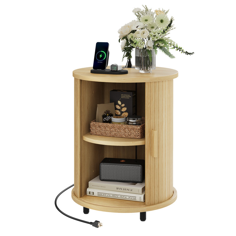 2-Pack End Table with Charging Station, Oak, 2