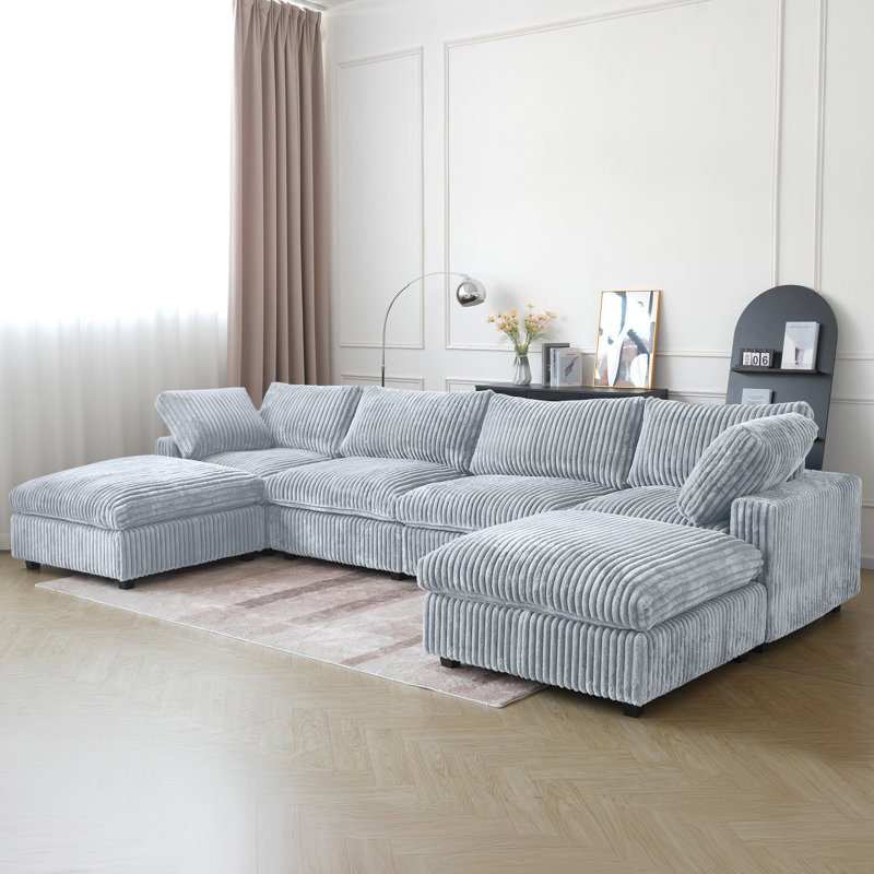 Canapé modulaire à accoudoirs larges avec repose-pieds 6 pièces, Fausse fourrure grise