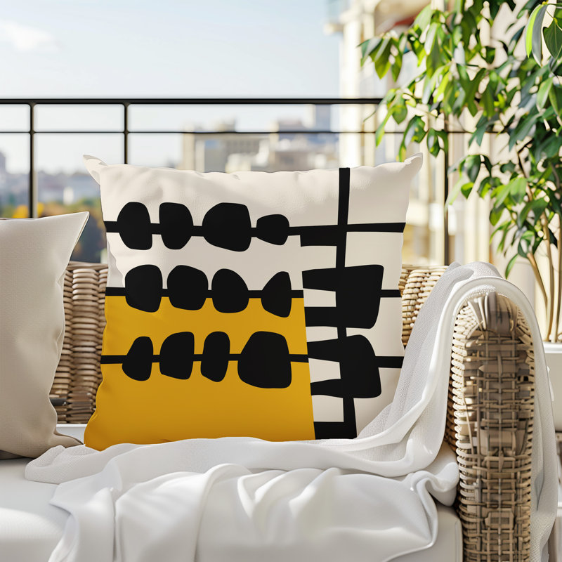 Oreiller carré réversible intérieur / extérieur Dola, H 15 po x l 15 po, Jaune / noir / blanc cassé abstrait