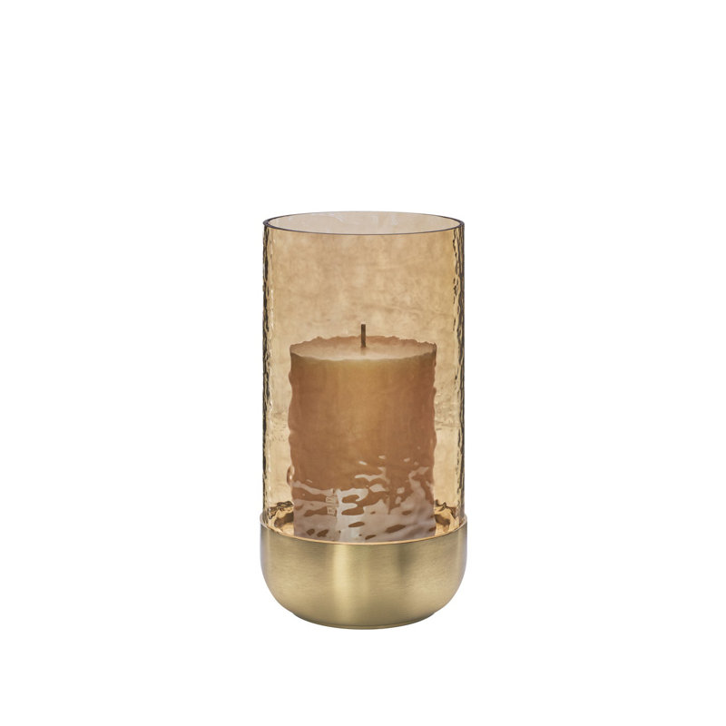 8" Detachable Glass Hurricane & Gold Ceramic Candle Holder for Pillar Candles, 8" H x 4.25" W x 4.25" D