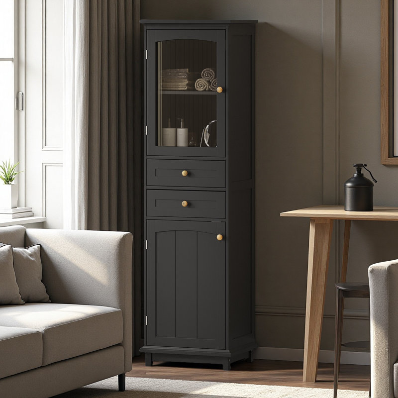 Armoire de bureau avec tablettes réglables, porte en verre et deux tiroirs, Noir