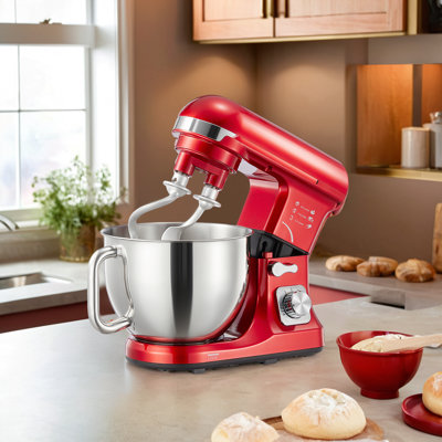 Fohere Stand Mixer, Double Dough Hook, 5.5Qt , 6+P Speeds Tilt-Head Electric Standing Mixer With Wire Whip, Beater, Bowl & Splash Guard - Red