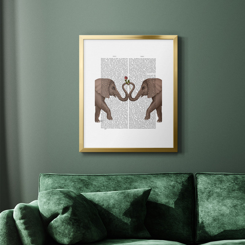 «Elephants Heart and Rose», toile encadrée de qualité supérieure - prête à être accrochée, H 20 po x l 16 po, Or