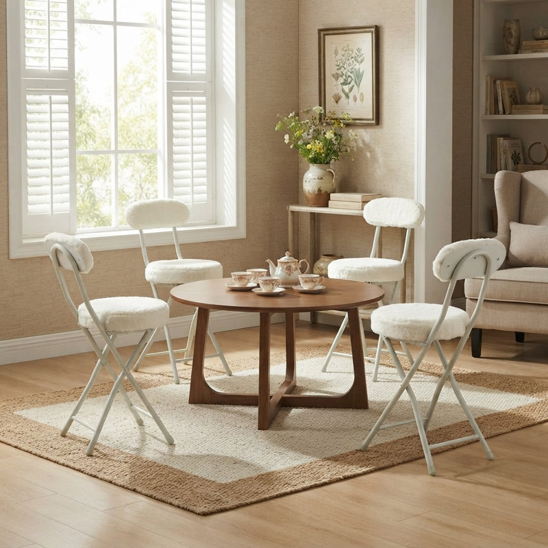 Ensemble de 4 chaises d'appoint pliables en fausse fourrure moelleuse pour chambre à coucher ou invités, crème, Crème