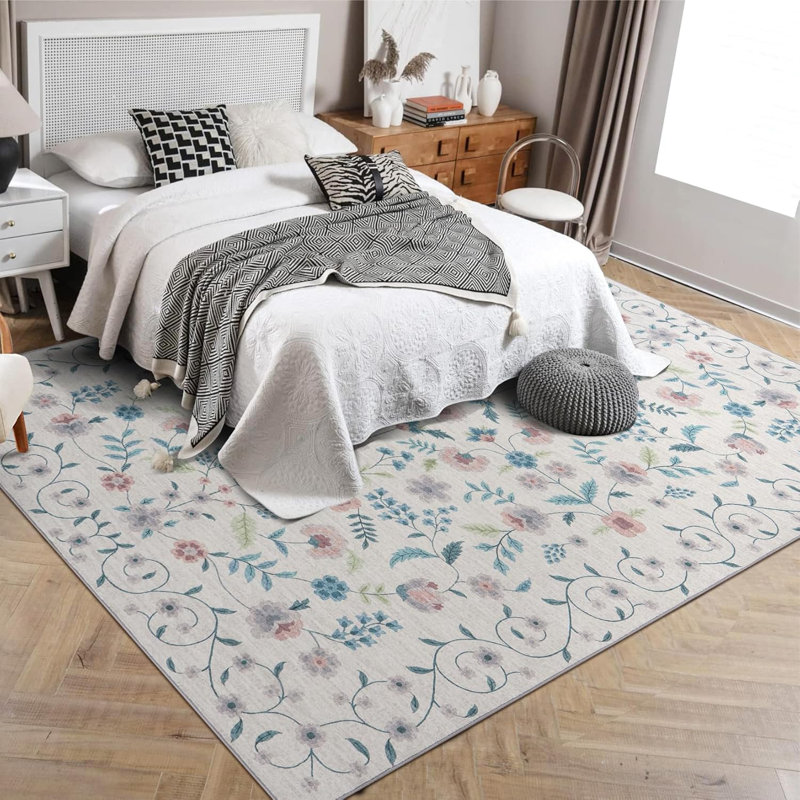 Tapis floral lavable de 10 pi x 13 pi idéal pour la salle à manger, Beige