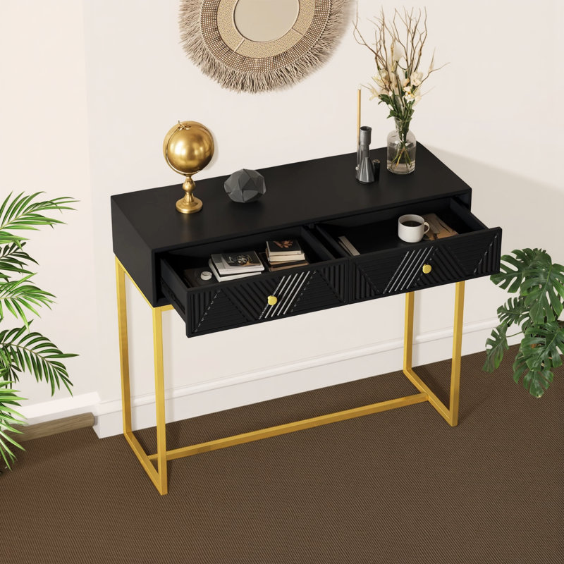 Console moderne noire étroite avec apparence rayée et rangement à double tiroir, idéale pour le salon, le couloir et le vestibule