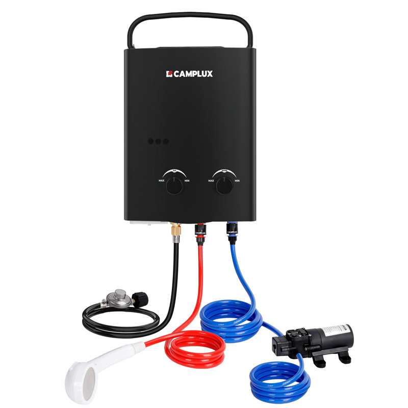 CAMPLUX 1.32 GPM 34,000 BTU Outdoor Portable Propane Tankless Water Heater with 1.2 GPM Water Pump Kit, Black