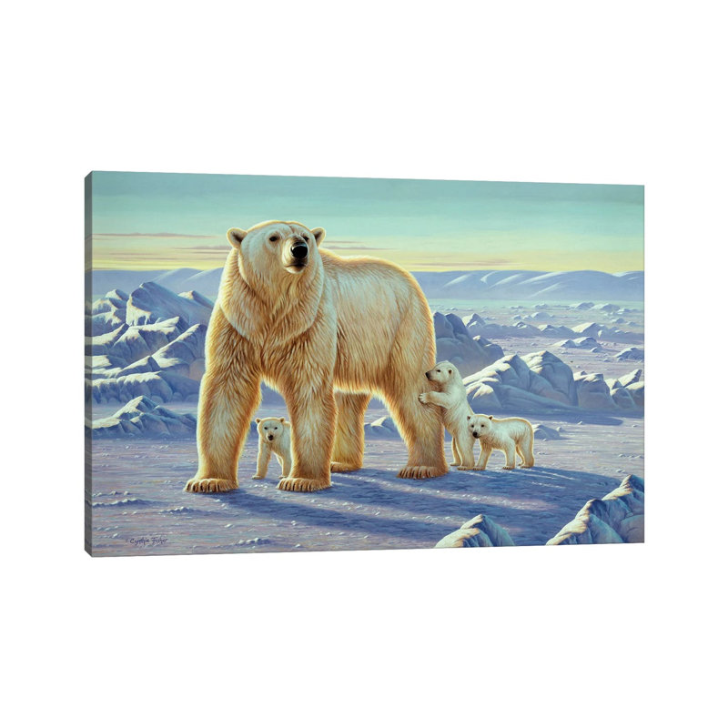 "Ours polaire avec oursons" par Cynthie Fisher - impression sur toile tendue, H 8 po x l 12 po x P 0,75 po