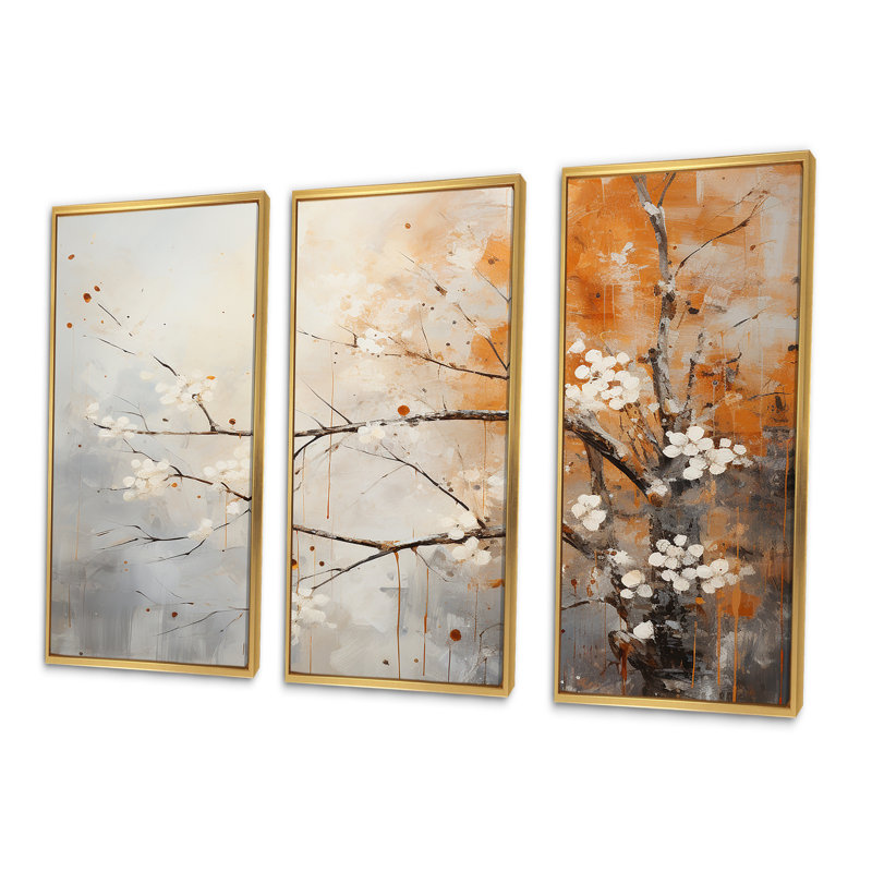 «Winter Tree Minimal Landscape I - Snow», art mural sur toile, Cadre flottant doré, H 40 po x l 60 po x P 1 po