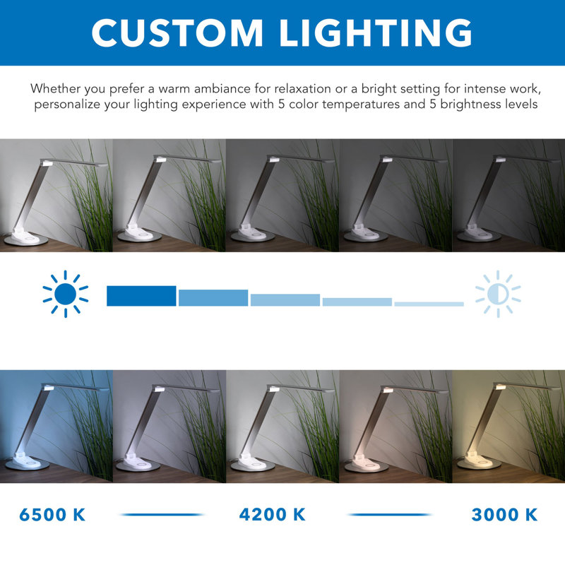 Silver Adjustable LED Desk Lamp with Touch Sensor and USB-C