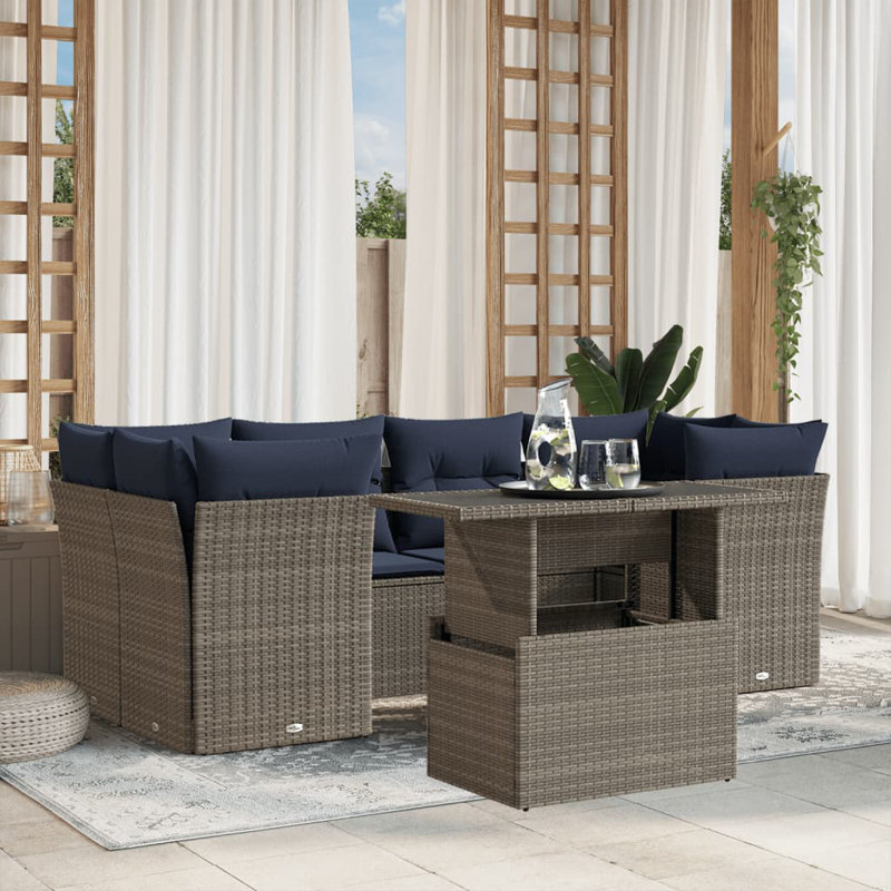 Ensemble de canapé de patio 7 pièces avec coussins en rotin de polyester, Gris, Marine