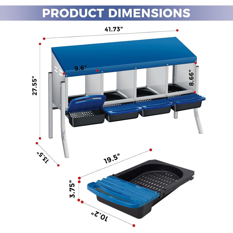 Boîtes de nidification de poulet avec pattes, boîte de ponte en acier galvanisé résistant aux intempéries à 4 trous avec perchoir à poignée et collection automatique d'œufs à enroulement, facile à nettoyer et à assembler rapidement pour le poulailler