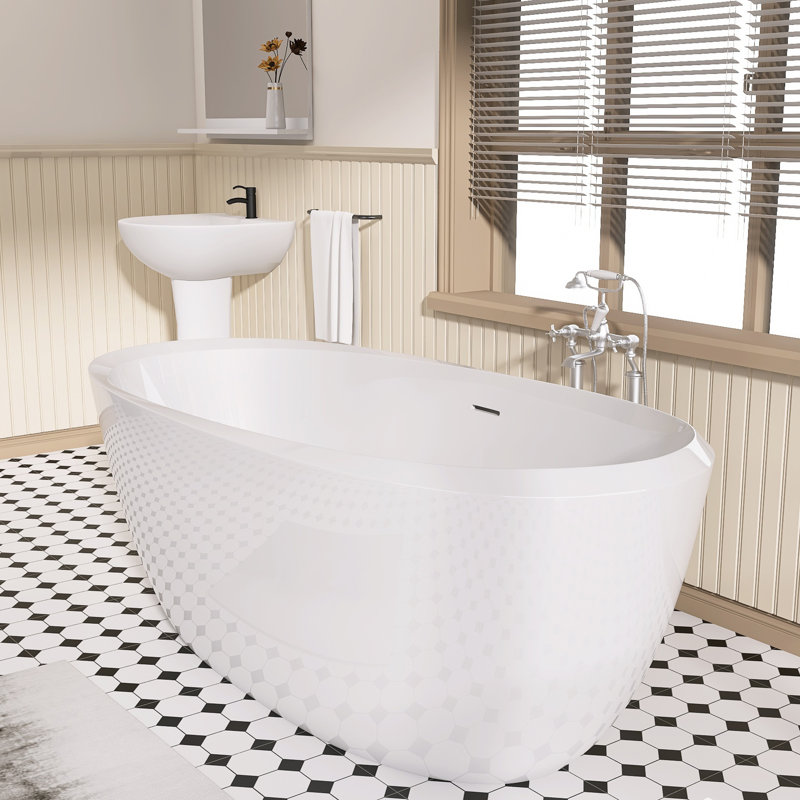 Freestanding Bathtub 67 in. Stand Alone Oval Tub Extra Deep Acrylic Tub with Center Drain in White
