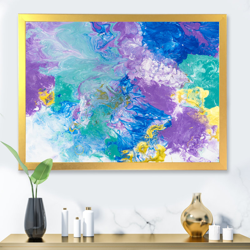 Abstrait bleu, mauve et jaune - Peinture sur toile, H 17,5 po x l 33,5 po x P 1 po, Cadre doré