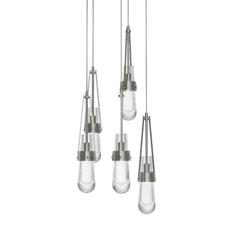 Luminaire suspendu 5 lumières Link, Long: 19 po à 130 po, Verre transparent, Argenté