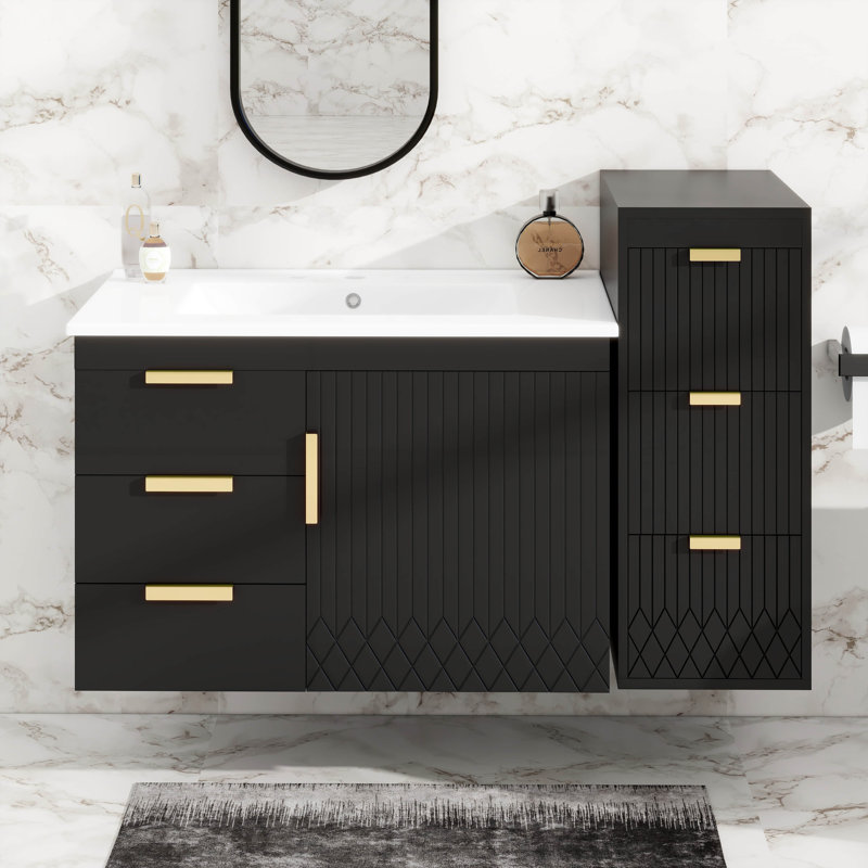 Meuble-lavabo flottant mural 30 po avec armoire latérale, Noir