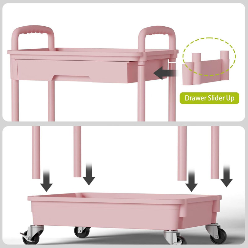 4 Tier Rolling Utility Cart with Drawer,Utility Cart Made of Multifunctional Storage Organizer Tool, Pink