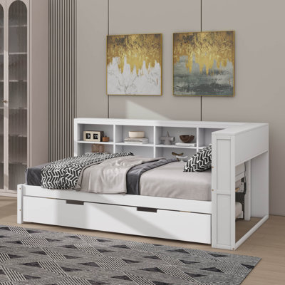 Lit de jour simple en bois avec lit gigogne intégré, lit de jour avec support de rangement et ports de chargement USB