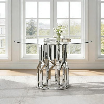 Table de salle à manger ronde 47 "en verre pour 4-6, table de salle à manger ronde stable, table de salle à manger en verre trempé transparent avec base en métal