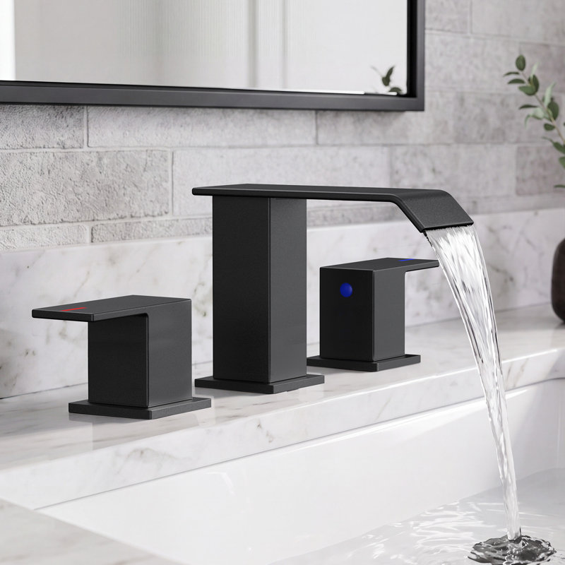 Waterfall Widespread Bathroom Faucet with Drain Assembly, Matte Black