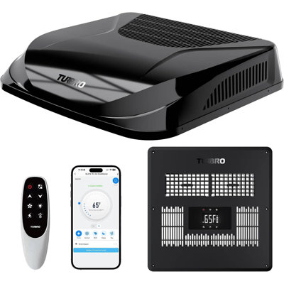 Climatiseur TURBRO 12 V CC 12 000 BTU pour véhicule récréatif, caravane, camion, remorque, fourgon, noir. Compresseur Inverter, sans conduit, ultraplat, fonctionnement silencieux, contrôle Wi-Fi.