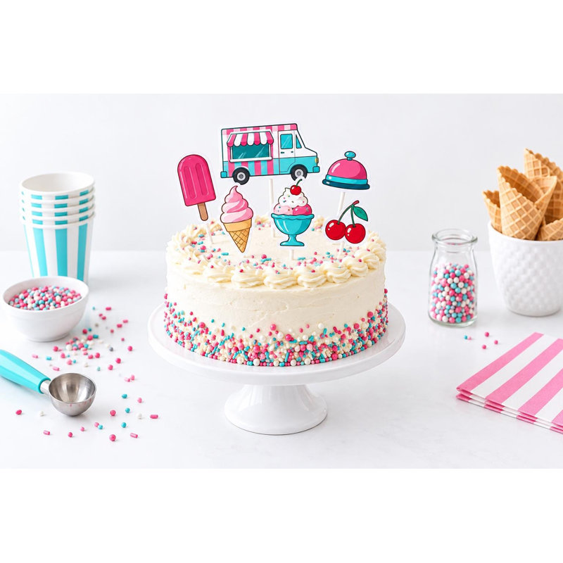 Ice Cream Truck Cake Decorations, Popsicle Sundae Birthday Topper Picks, Cardstock Dessert Party Set