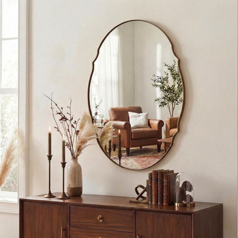 Contemporary Oval Scalloped Wall Mirror Irregular Bathroom Vanity Mirror | Stainless Steel Frame, Brushed Bronze, 40" x 30"