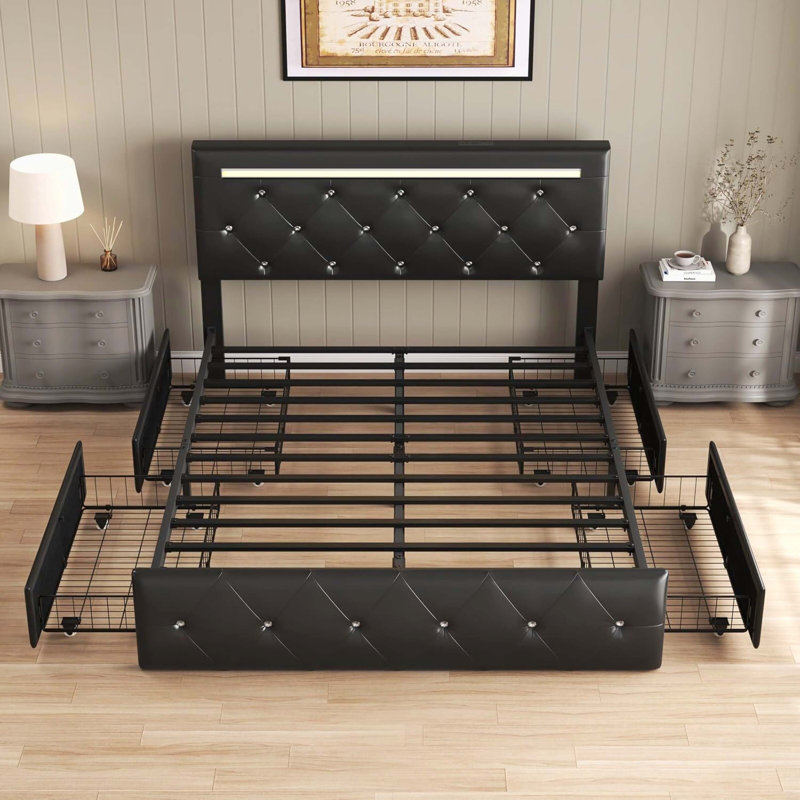 Grand cadre de lit tapissier grand avec lumière DEL et 4 tiroirs de rangement, revêtement en polyuréthane avec tête de lit réglable, boutons en cristal de diamant, station de charge et cadre en métal, sommier non requis, blanc