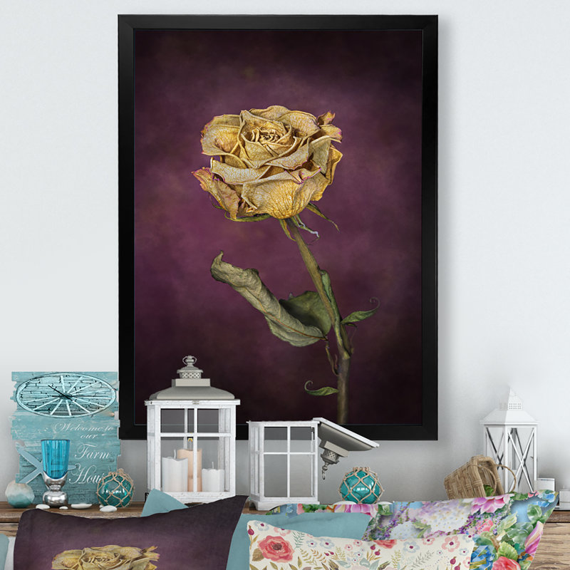 Jaune rétro rose séchée - peinture sur toile, Toile avec cadre photo noir, H 20 po x l 12 po x P 1 po