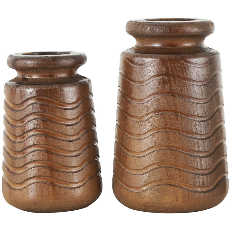 Islah Wood Decorative Brown Vase with Carved Wavy Designs Set