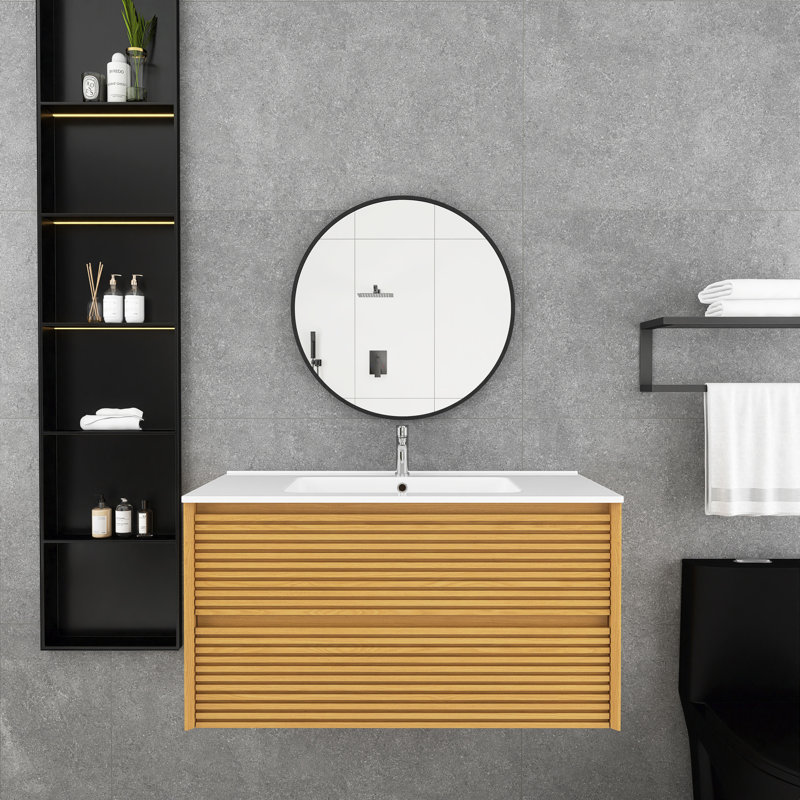 36 po Meuble-lavabo mural en contreplaqué en chêne clair avec tiroirs