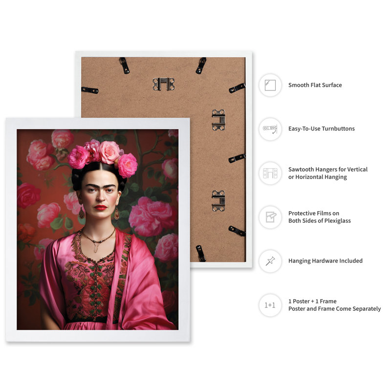 Portrait floral Frida Kahlo, 24"H x 32"W, Poster, White Framed
