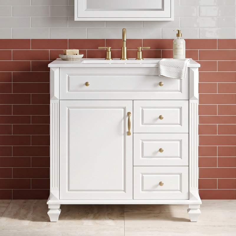 Meuble-lavabo autoportant avec comptoir en céramique, tiroir de rangement escamotable, tablette réglable et support de porte