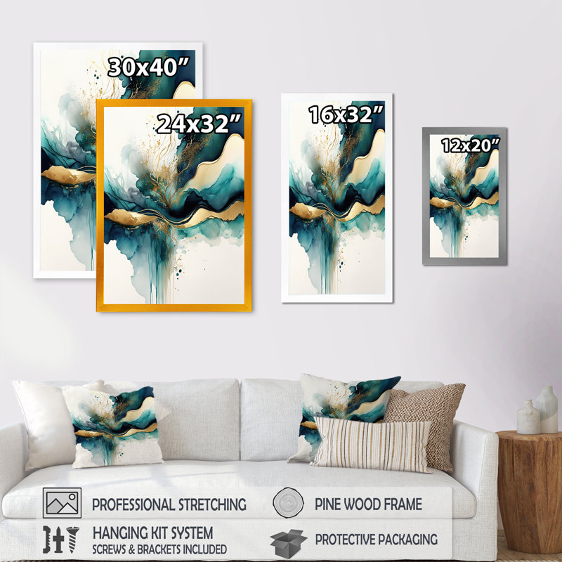 «Teal and Gold Abstract Expression III», art mural moderne sur toile, Impression encadrée, H 32 po x l 24 po, Noir