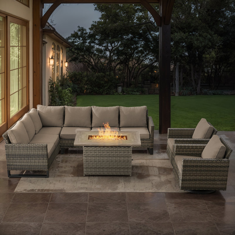 Ingvald 8- Person Outdoor PE Wicker Patio Conversation Set with Fire Pit and Cushions, Gray, Gray