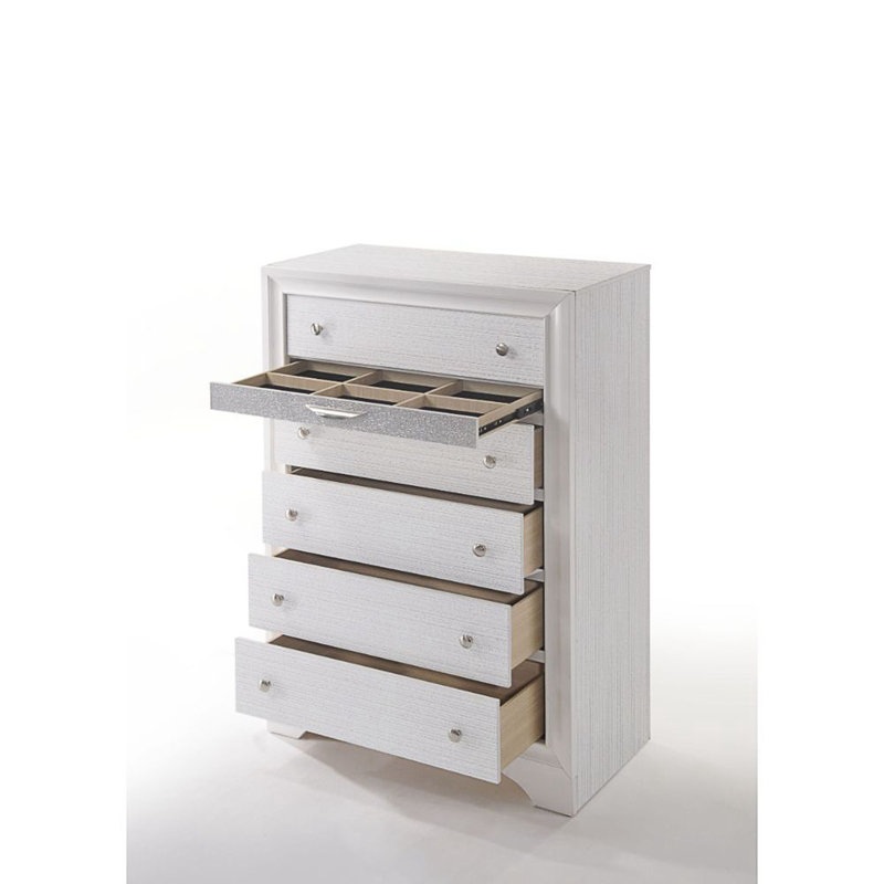 51 Inch Rubberwood 5 Drawer Tall Dresser Chest with Jewelry Tray, Black, White