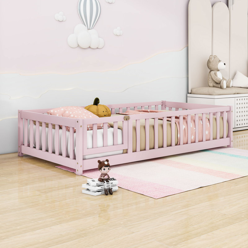 Wood Low Platform Bed With Fence Door And Guardrails, Twin, Pink