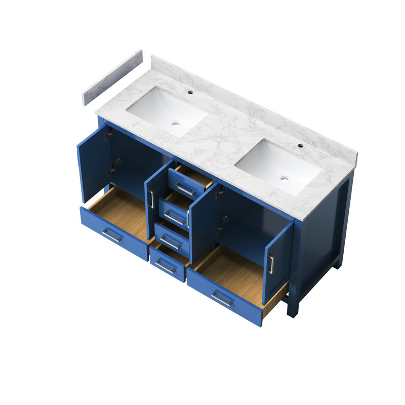 Meuble-lavabo 59 po, bleu, lavabo double, trou de robinet, rangement 4 portes 6, bois massif multifonctionnel caché, contreplaqué, lavabo rectangulaire en céramique, look minimaliste moderne, poignées rétro,