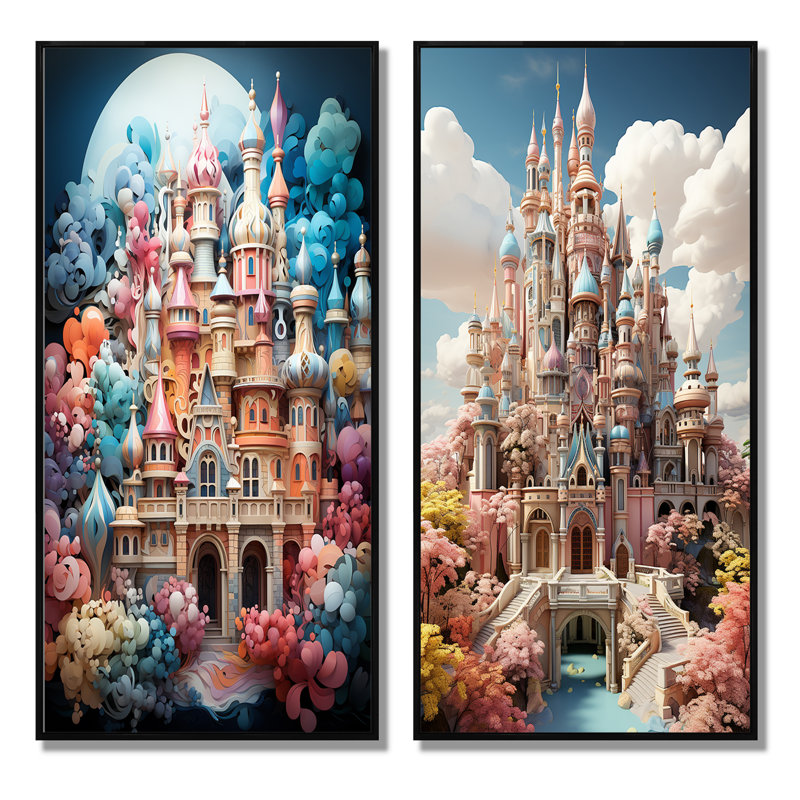 «Castles Whimsical Wonder Pastel I», 2 pièces, H 40 po x l 40 po, Cadre noir