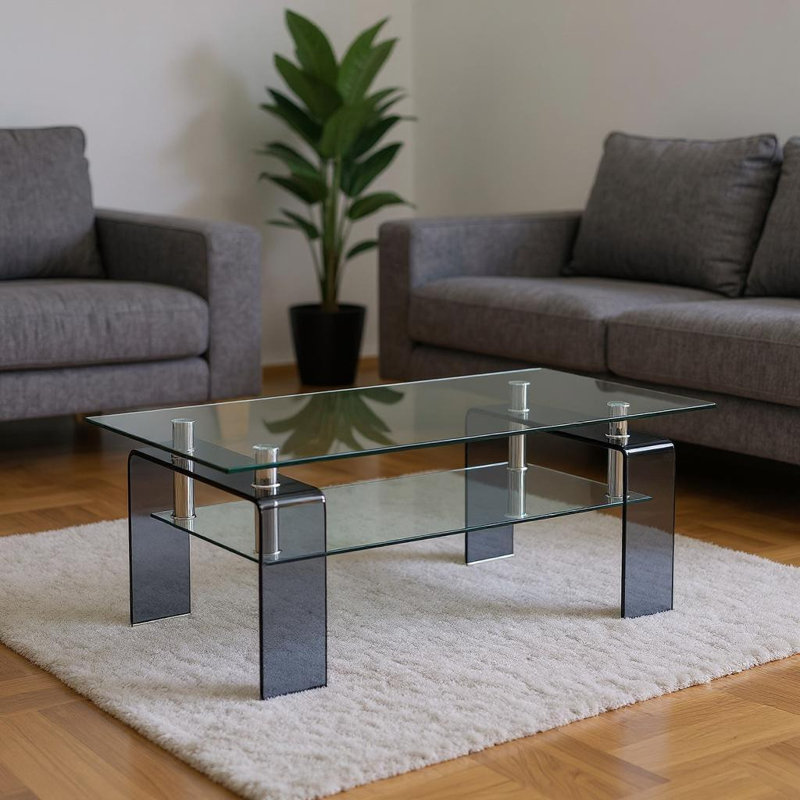 Table basse 39 "en verre transparent et noir avec tablette