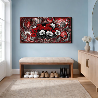 «Red and White Poppy Floral Gothic Art», reproduction d'art sur toile tendue sur toile, ensemble de 1
