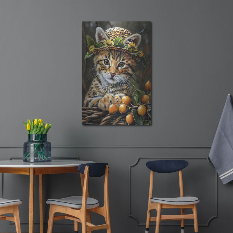 Chat lynx avec baies par Momart, art mural en métal, H 36 po x l 24 po