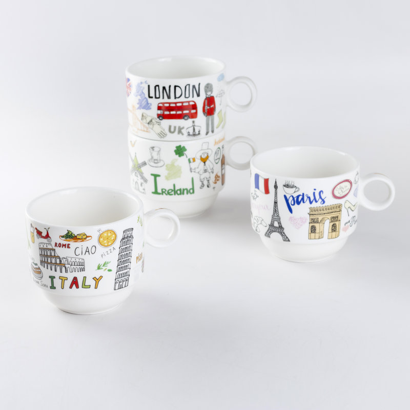  4 Piece Coffee Mug Set, London/Paris/Italy/Ireland