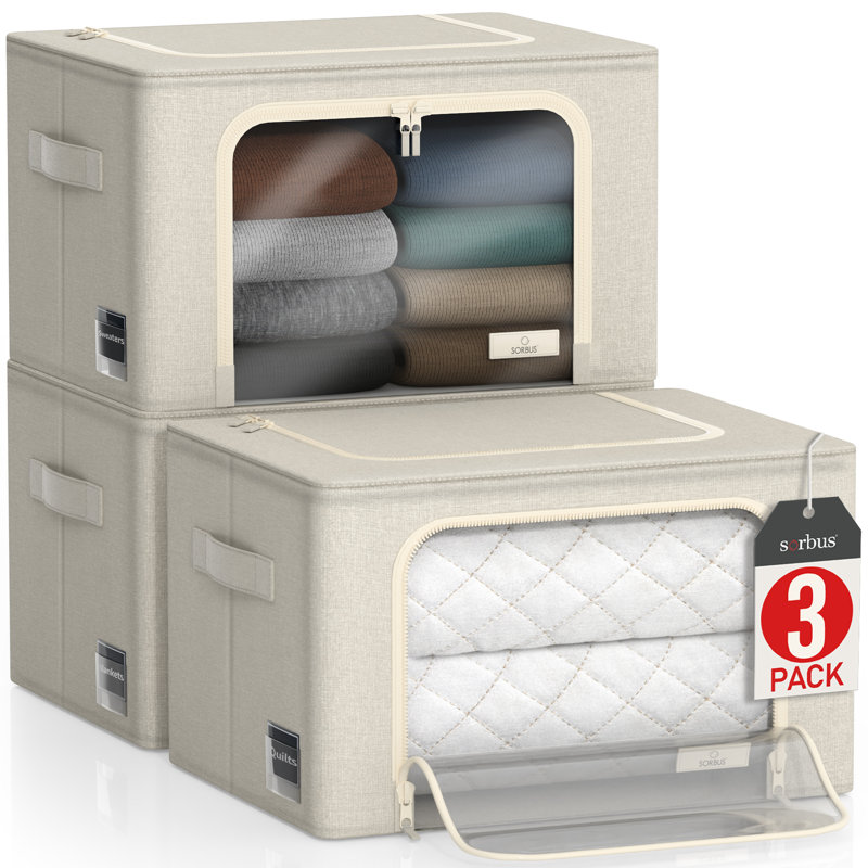 Sorbus Medium Storage Box with Window Label Holder & Handles 3 Pack, Beige