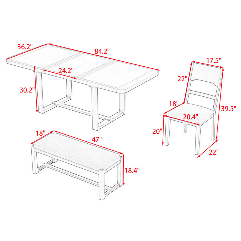 Ensemble de salle à manger extensible 6 pièces avec double table à piédestal rectangulaire, 4 chaises rembourrées et banc