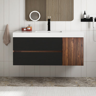 Meuble-lavabo moderne 48 po en noyer avec lavabo une pièce à surface solide blanc brillant et tiroirs noirs doux, meuble-lavabo mural flottant