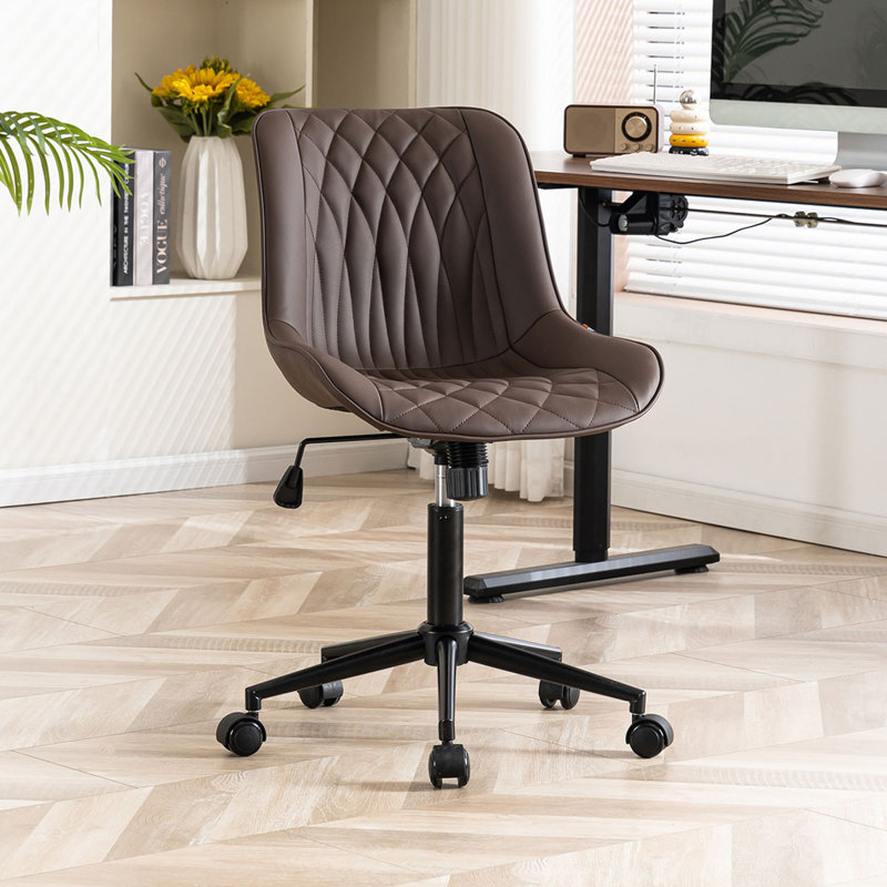 Armless Swivel Office Chair Faux Leather Upholstered Waterproof Desk Chair Ergonomic Adjustable Computer Chair, Brown