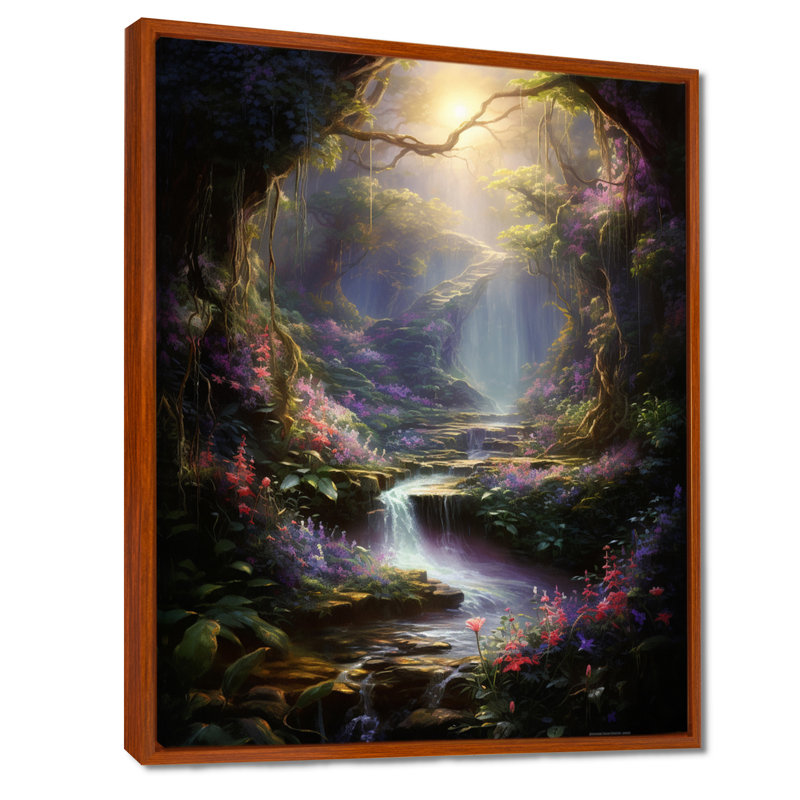 Couloir magique avec fleurs dans les bois - rivière, art mural du salon, Toile avec cadre flottant brun